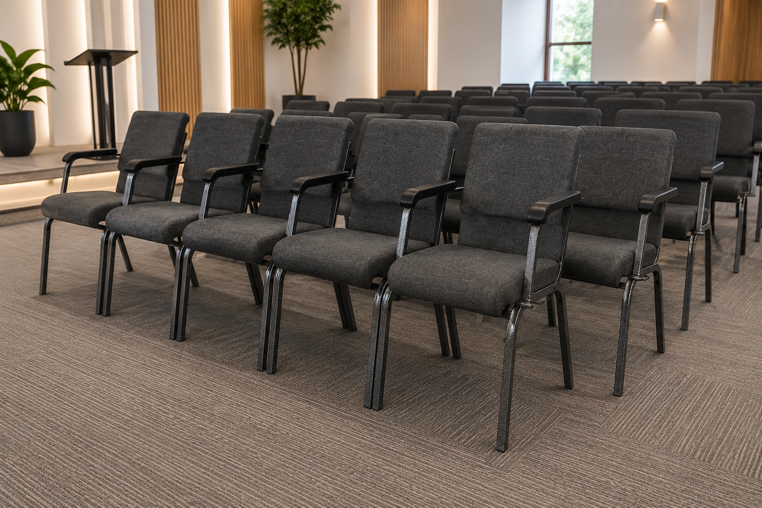 Sillas para iglesias — Detalle de tapicería y estructura del modelo para congregaciones