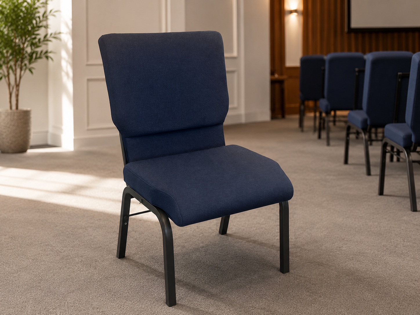 Sillas para iglesias — Vista lateral del modelo con asiento abatible para templos